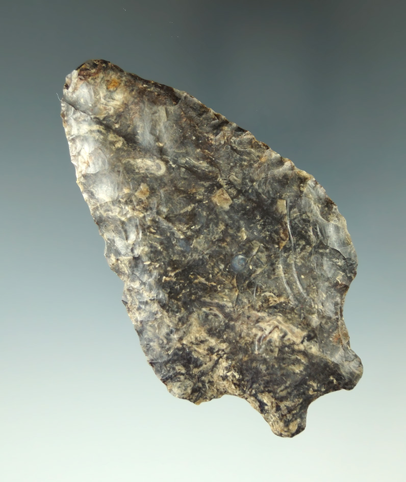 Large 3 3/8" Bifurcated Base Knife made from heavily patinated Knife River Flint - Wyoming.