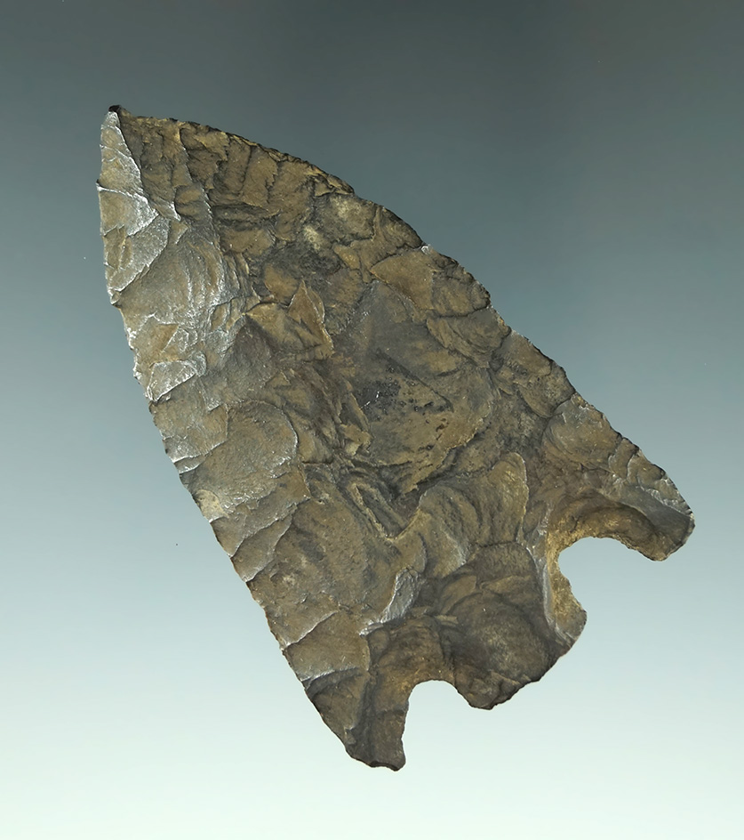 Nicely flaked and heavily patinated 2 13/16" Eva found in Stuart Co., Tennessee. Dickey COA.