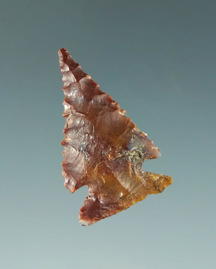 15/16" well styled Uinta point made from colorful agate found in Idaho by Jeb Taylor.  COA.