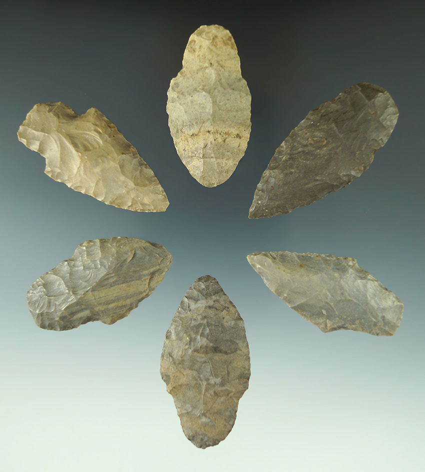 Set of six Adena points found in Michigan, largest is 2 3/16".
