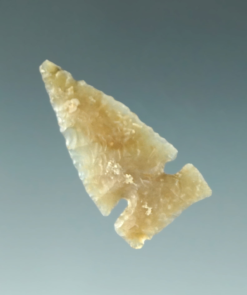 1 3/16" Knife River Flint Sidenotch arrowhead found in North Dakota - thin and well made.