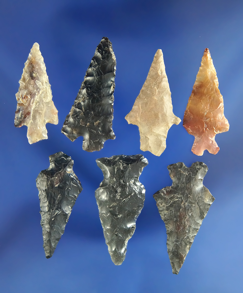 Set of seven assorted Arrowheads – found near Yeager Island area, Washington. Ex. Wiley collection.