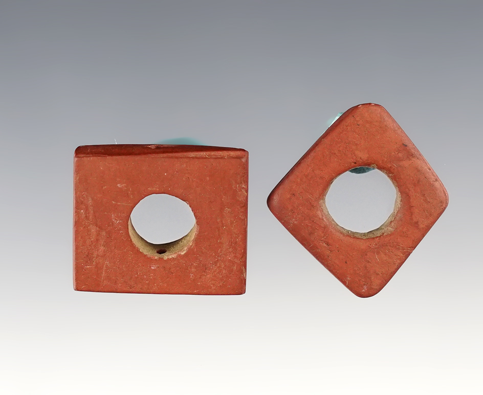 Pair of Red Shale Square Drilled Beads found at the Townley Reed Site in Geneva, New York.