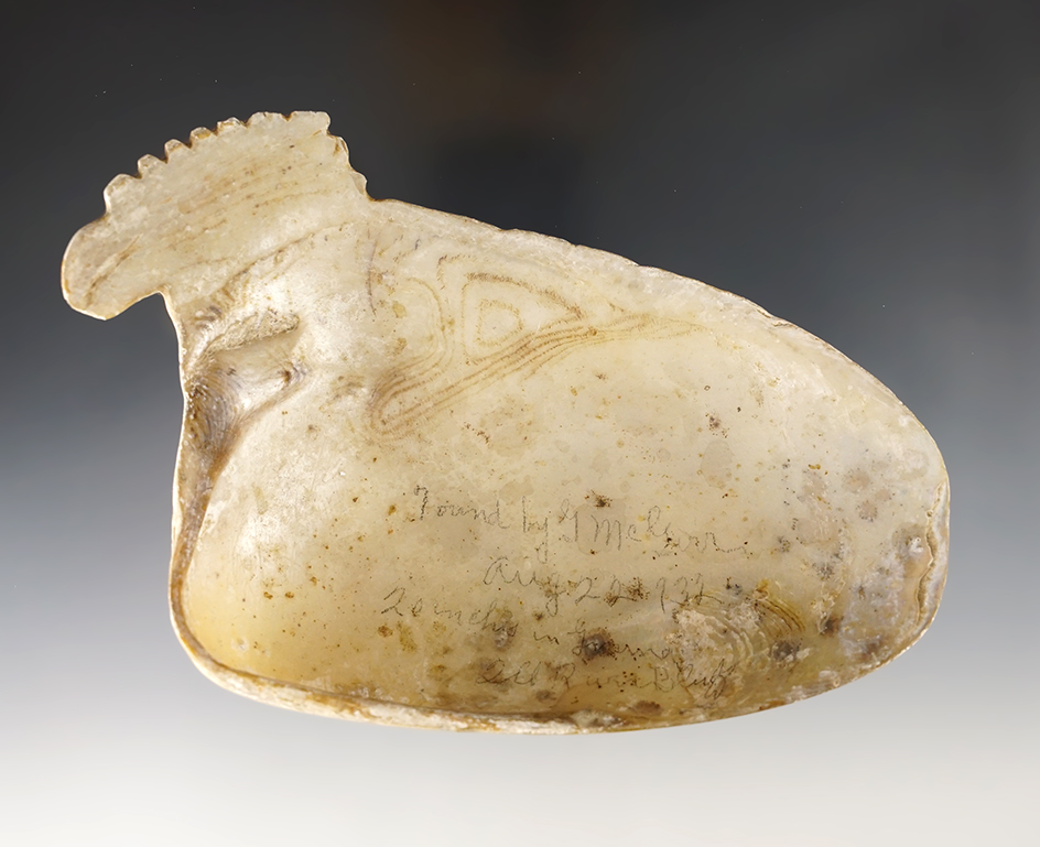 5 1/4" Clam Shell Effigy Ornament found September 13, 1932 in Illinois.