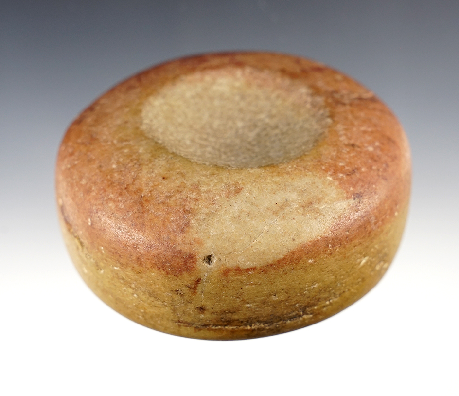 3 1/2" Discoidal made from Rose Quartz. Found on July 20, 1962 in Green Co., Illinois.