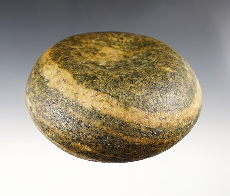 4 1/2" Discoidal made from striped Quartz. Found in Saline Co., Missouri. Ex. Eric Wood. 