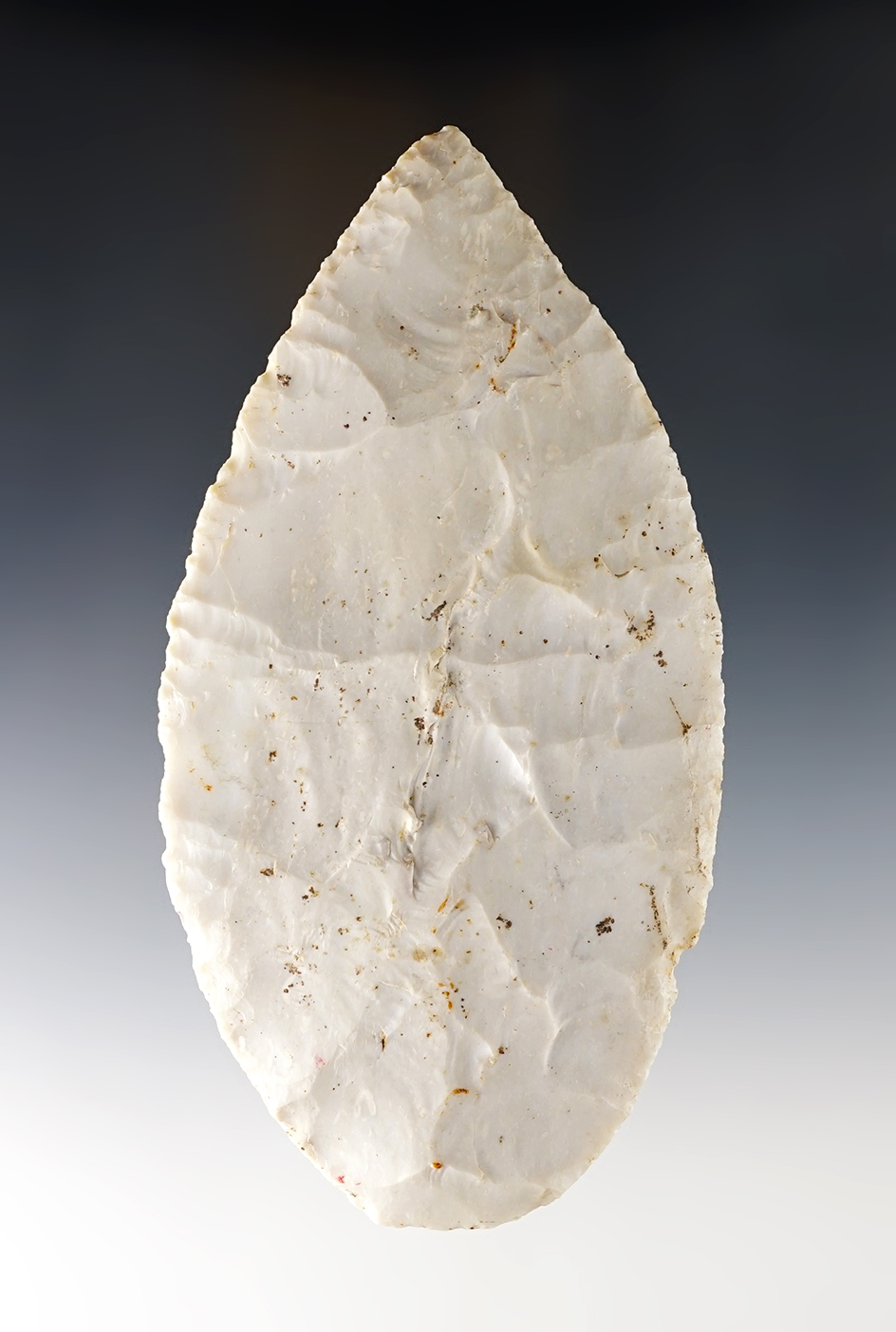 5 1/2" Ovate Knife made from Burlington Chert. Found in Schuyler Co., Illinois. Ex. Butler Skiles. 