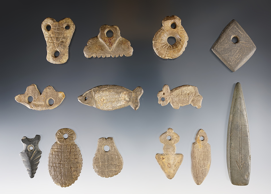 Set of 13 Unique Drilled Pendants that were found in Eden Twp., Seneca Co., Ohio. Ex. Root.