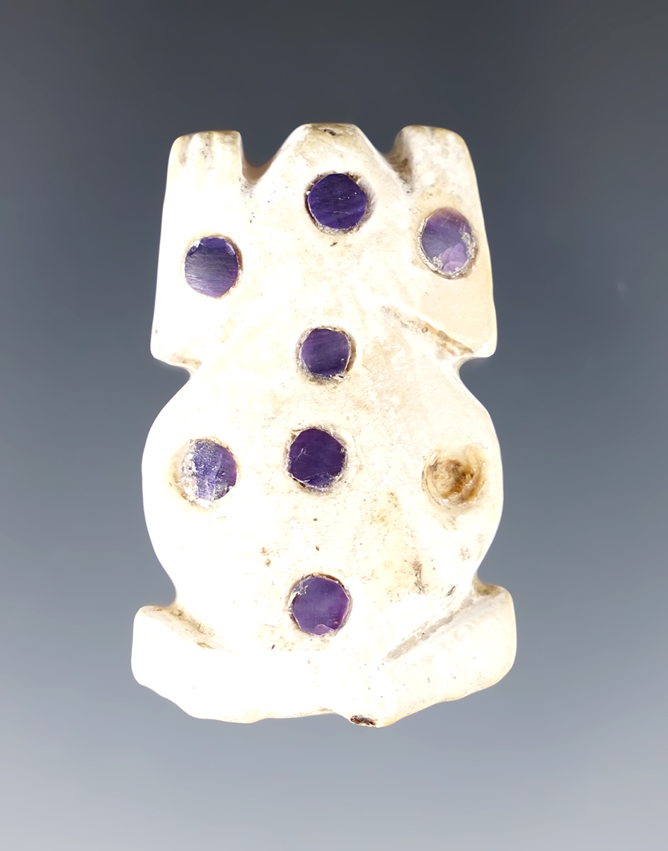 1 5/8" long Marine Shell spotted frog effigy with beautiful blue stone insets. Recovered in Peru. 