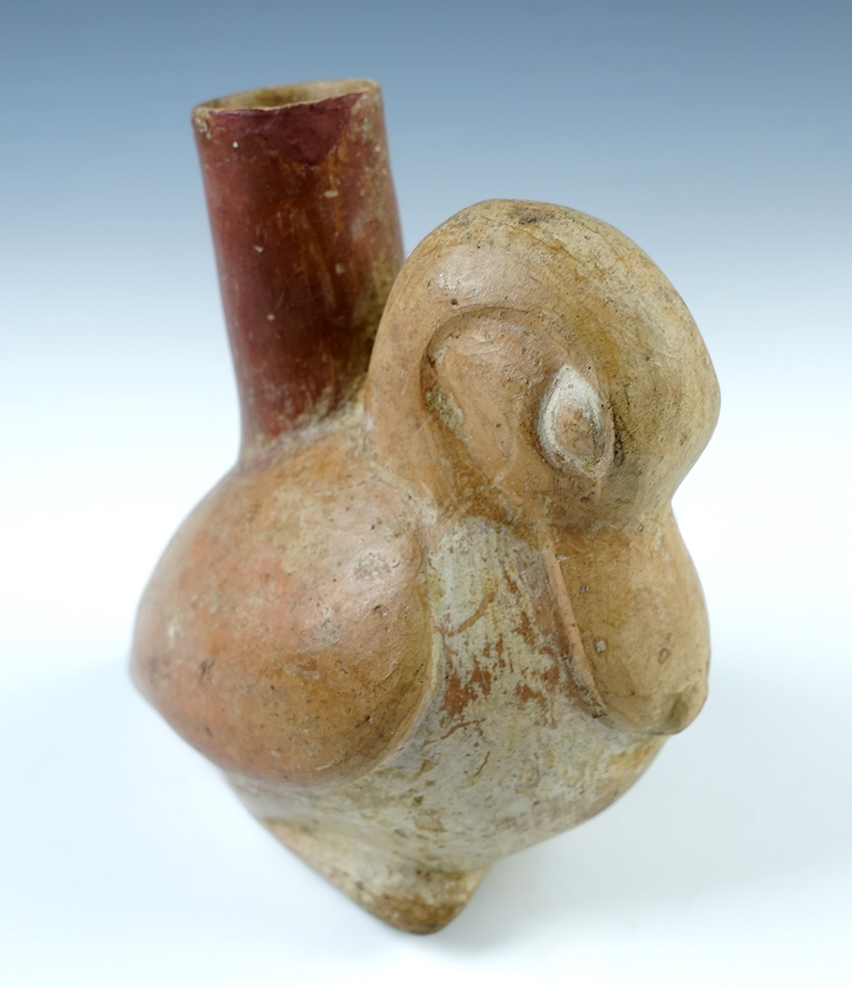5 1/4" tall Moche II Muscovy Duck with orange and cream paint. Solid condition, circa 300 AD.