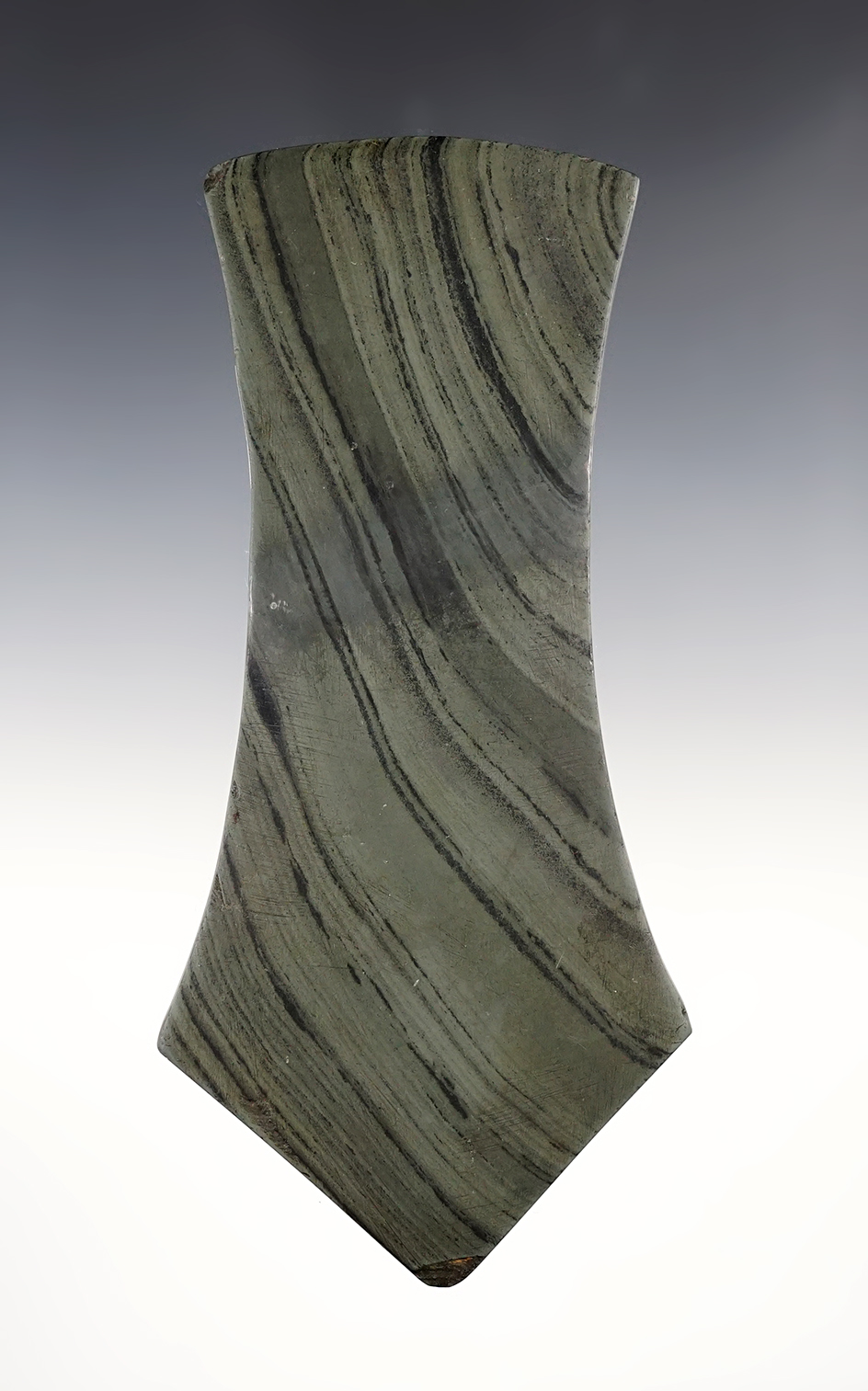 6 9/16" large undrilled Banded Slate Hopewell Pendant. Broken and glued tight with restoration. 