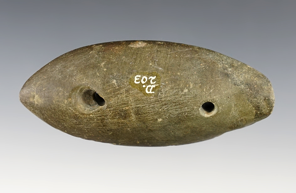 3 3/4" Humped Gorget made from Banded Slate found in Lagrange Co., Indiana. Ex. Driskill.