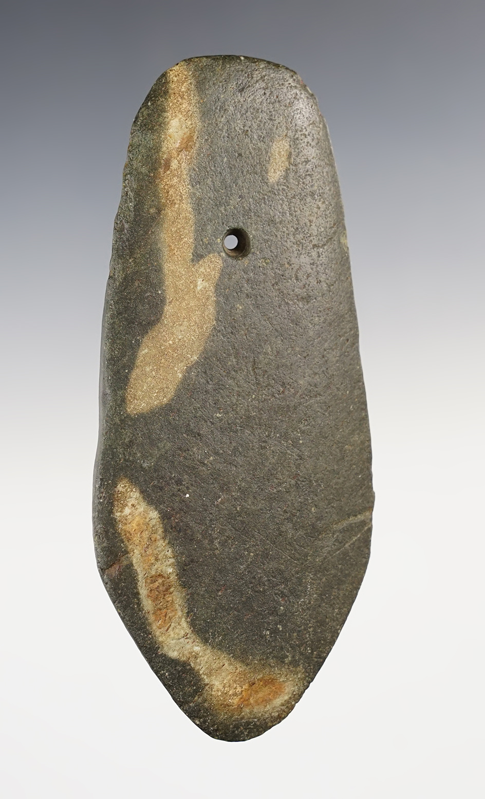 5 1/16" Pentagonal Pendant found in Lucas Co., Ohio. Made from heavily patinated slate.