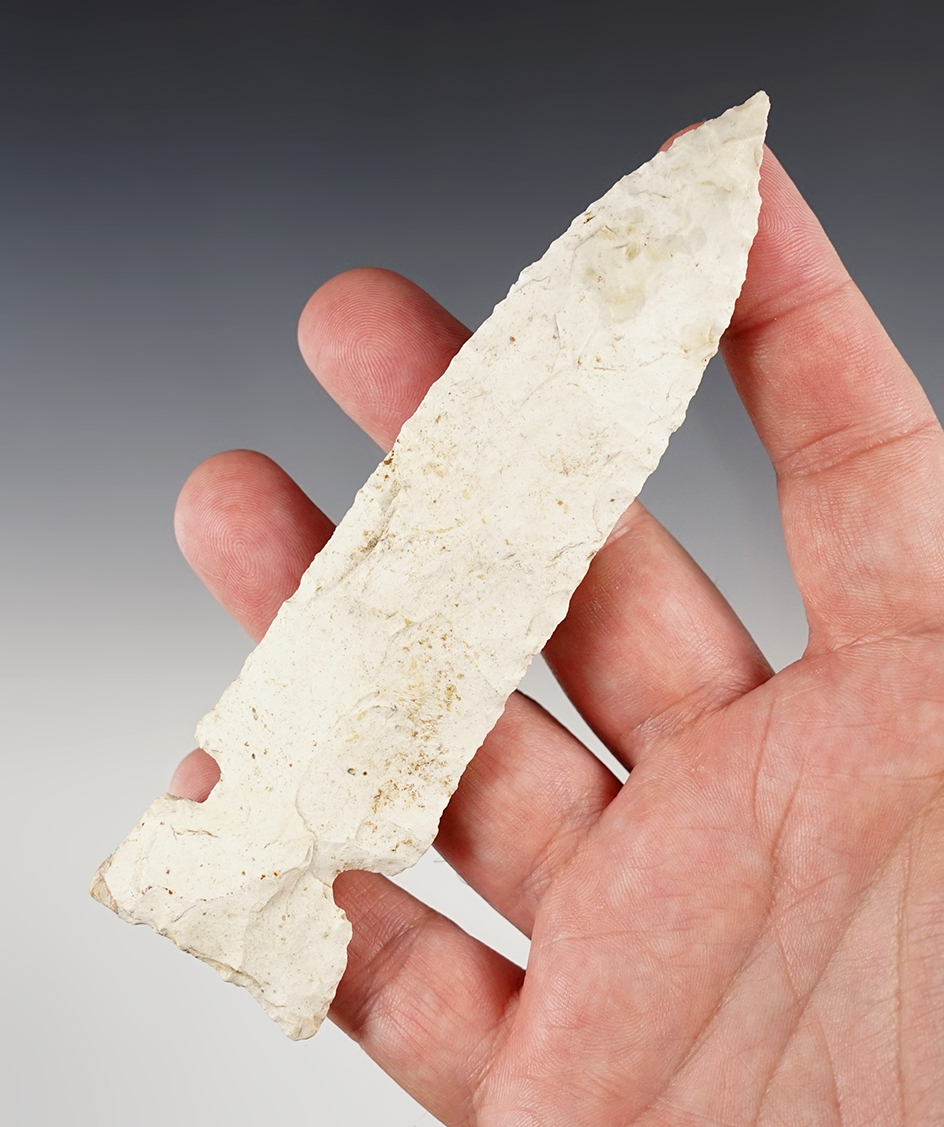 5 1/4" Hemphill made from Burlington Chert with restoration to one ear. Found in Illinois. 