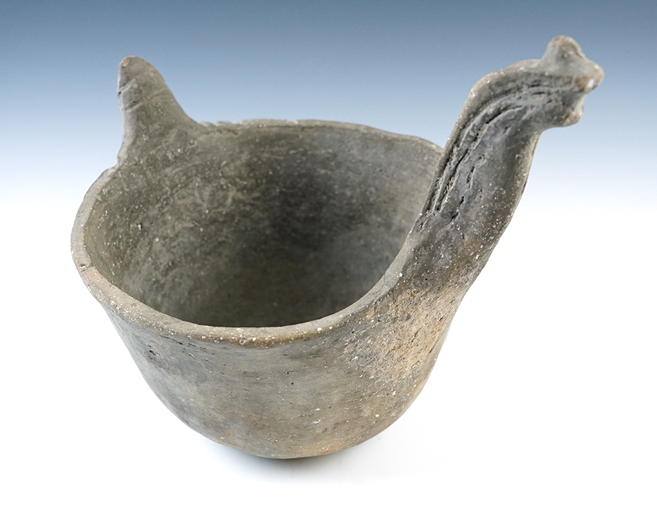 8" wide x 8 3/4" tall Cat Serpent Effigy Bowl found in Poinsett Co., Arkansas. Some restoration. 