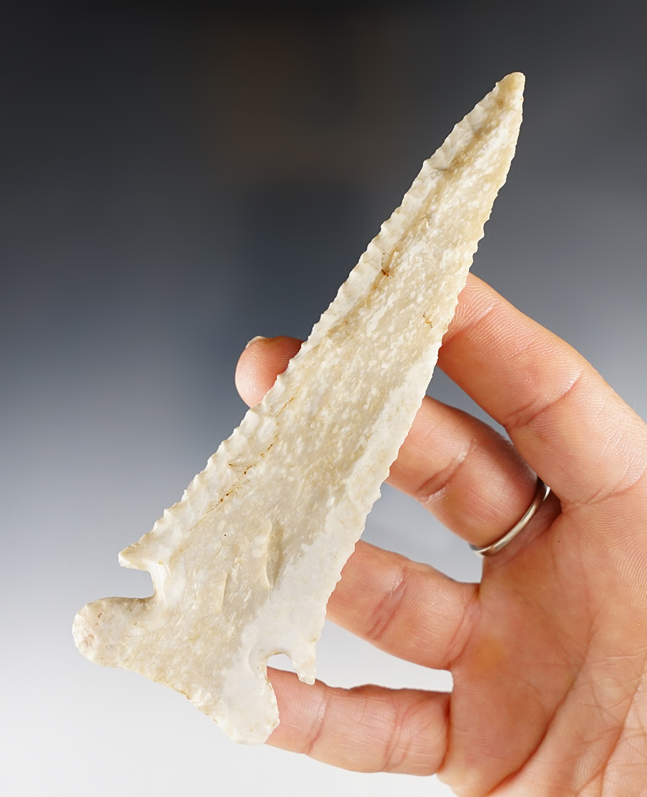 4 7/8" Thebes Bevel with restoration to one ear. Found October 19, 1962 in Fulton Co., Illinois.