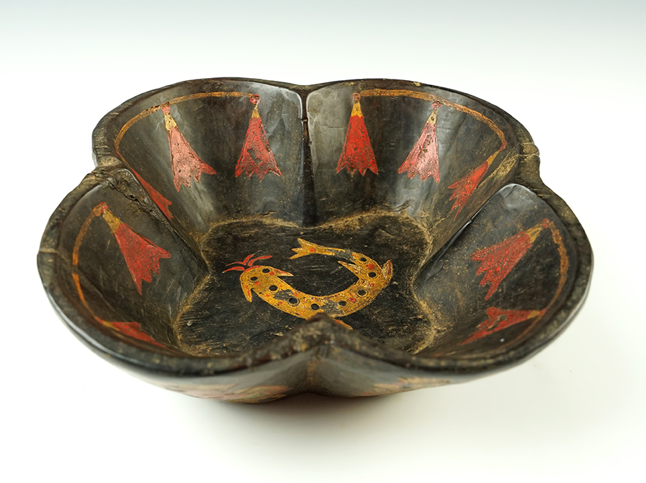 Ornately painted 8 5/16" wide x 2 7/8" tall hand carved Inca Wood Bowl, Peru Highlands.