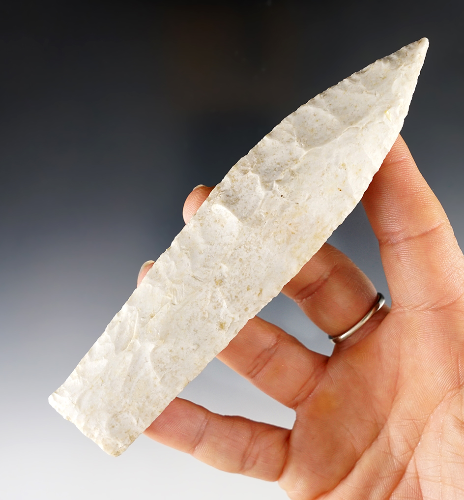 5 3/8" Nebo Hill made from Burlington Chert. Found in Schuyler Co., Illinois, 1970 by Robinson. 