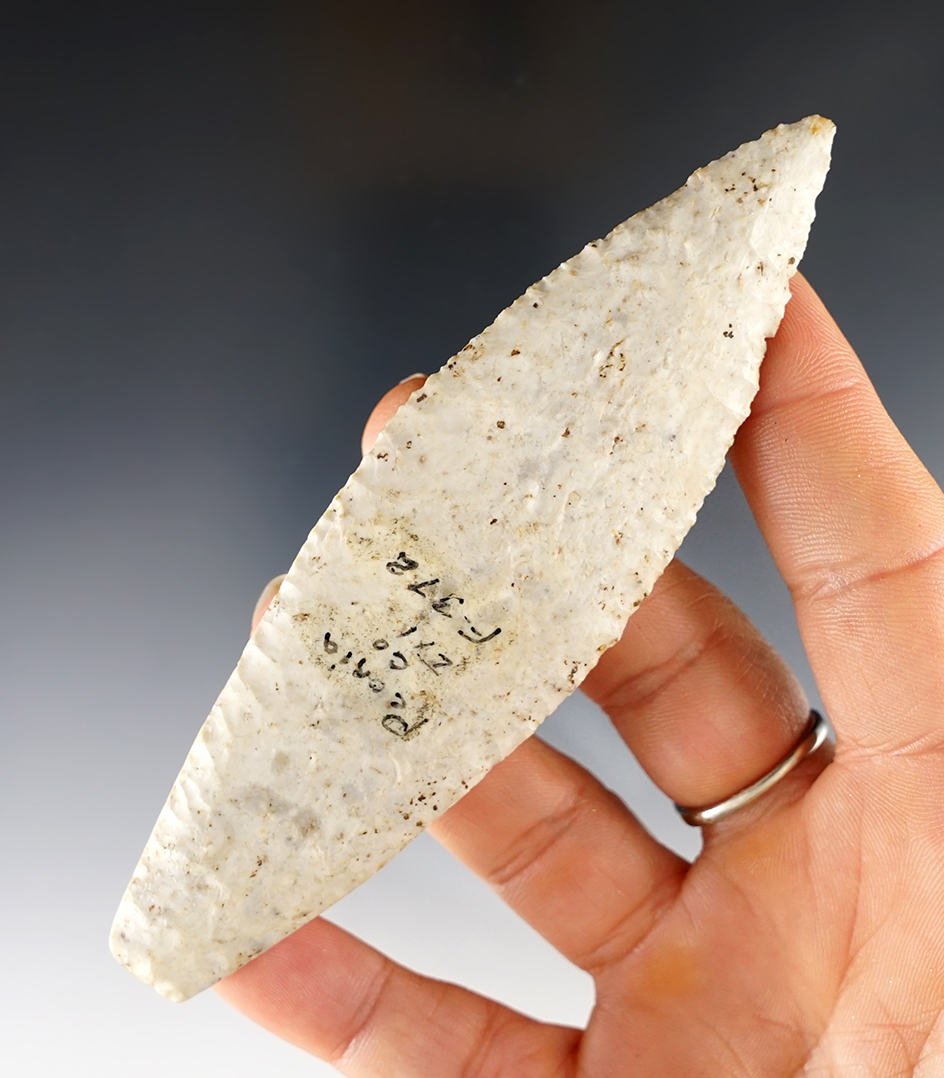 Nicely made 4 1/2" Agate Basin made from Burlington Chert. Found in Peoria Co., Illinois. 