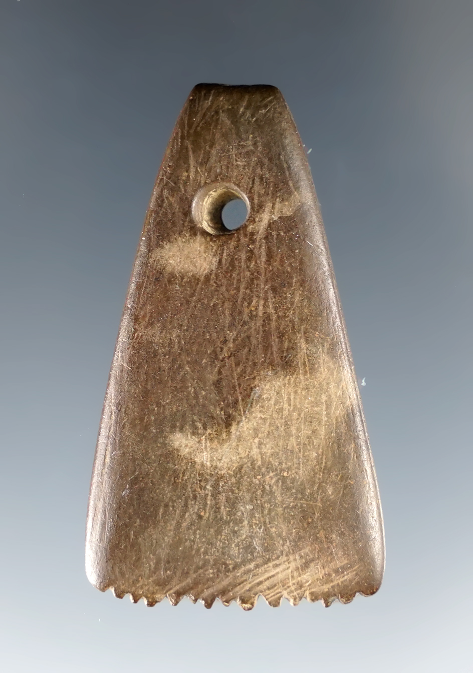 1 5/8" x 7/8" Miniature Slate Pendant with a fringed bottom. Found in Jackson Co., Missouri. 