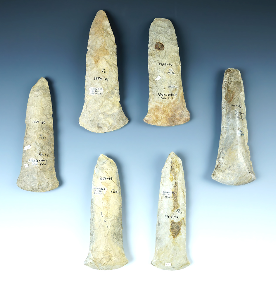 Rare Cache of Flared Bit Flint Spuds found in Alexander Co., Illinois, #1954-40 - #1954-45. 