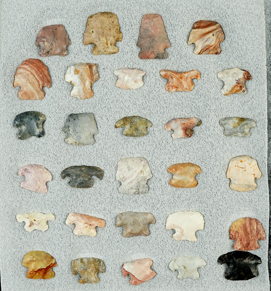 Set of 29 highly colorful Ohio Hafted Scrapers made from Flint Ridge Flint. Pictured.