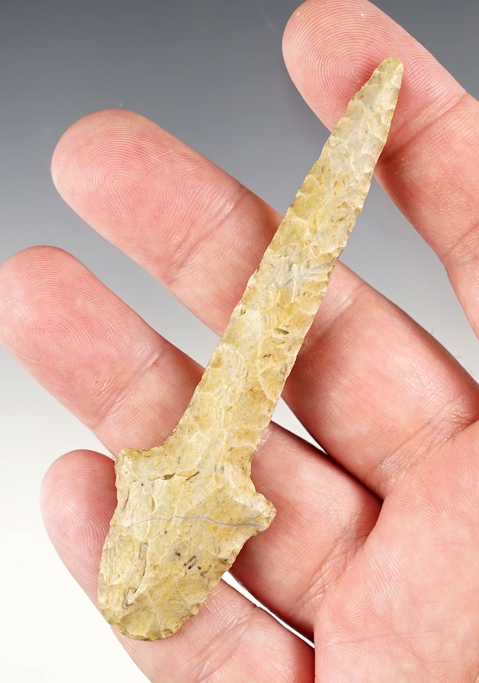 3 3/4" Drill made from Crescent Quarry Chert. Found in Missouri. Ex. Rocky Hall collection. COA.