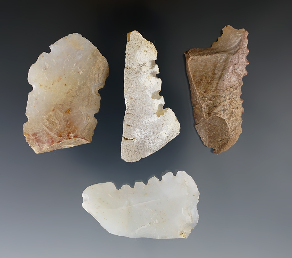 Rare tools! Set of 4 flaked saws made from various materials found in New Mexico. Largest is 2 1/16"