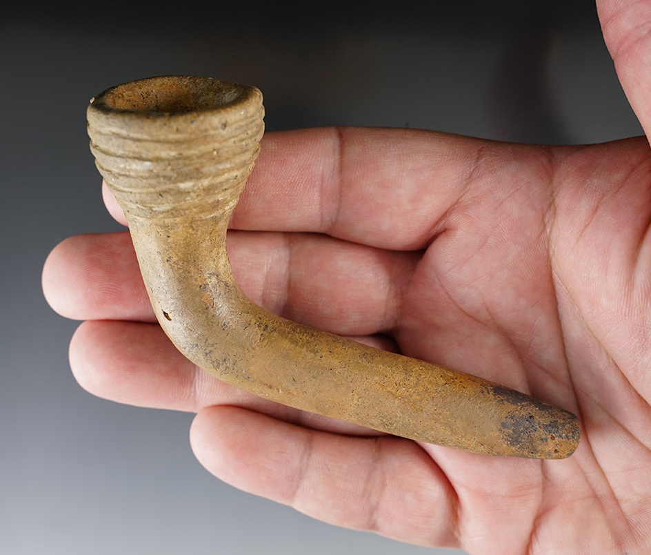 4 1/4" Iroquois Clay Ring Bowl Pipe that is broken and mended at the elbow and stem New York.