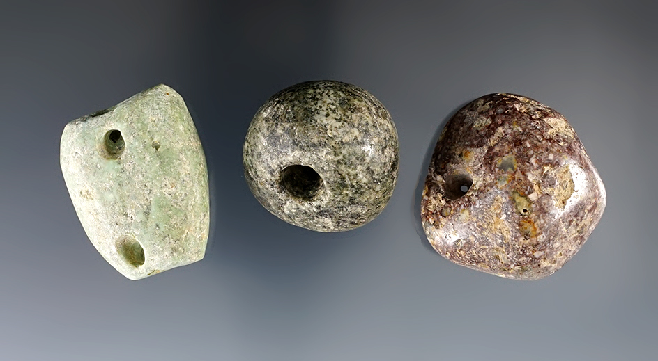 Three large drilled Pre-Columbian stone beads found in Mexico, largest is 1 7/16".