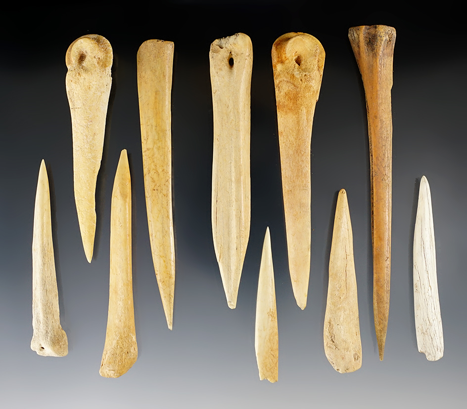 Set of 10 assorted bone Awls found in New Mexico. Largest is 5 1/8".