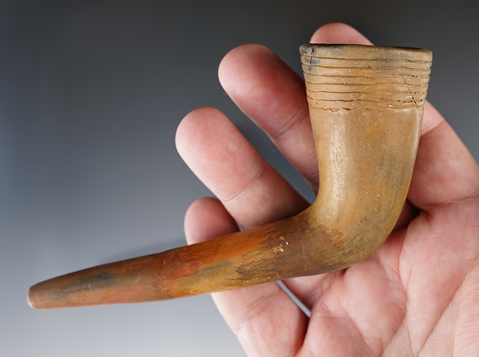 5 1/2" Iroquois Clay Ring Bowl Pipe with a broken and glued bowl, repaired at stem and elbow.NY.