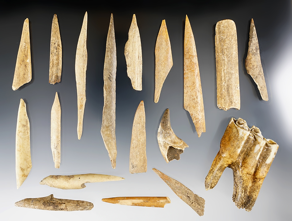 Group of 16 bone artifacts recovered in Kentucky, largest is 4 5/16".