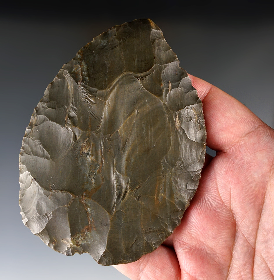 4 1/2" x 3 1/4" wide beautiful Indiana Hornstone Cache Blade with great patination. Marion Co., IN.