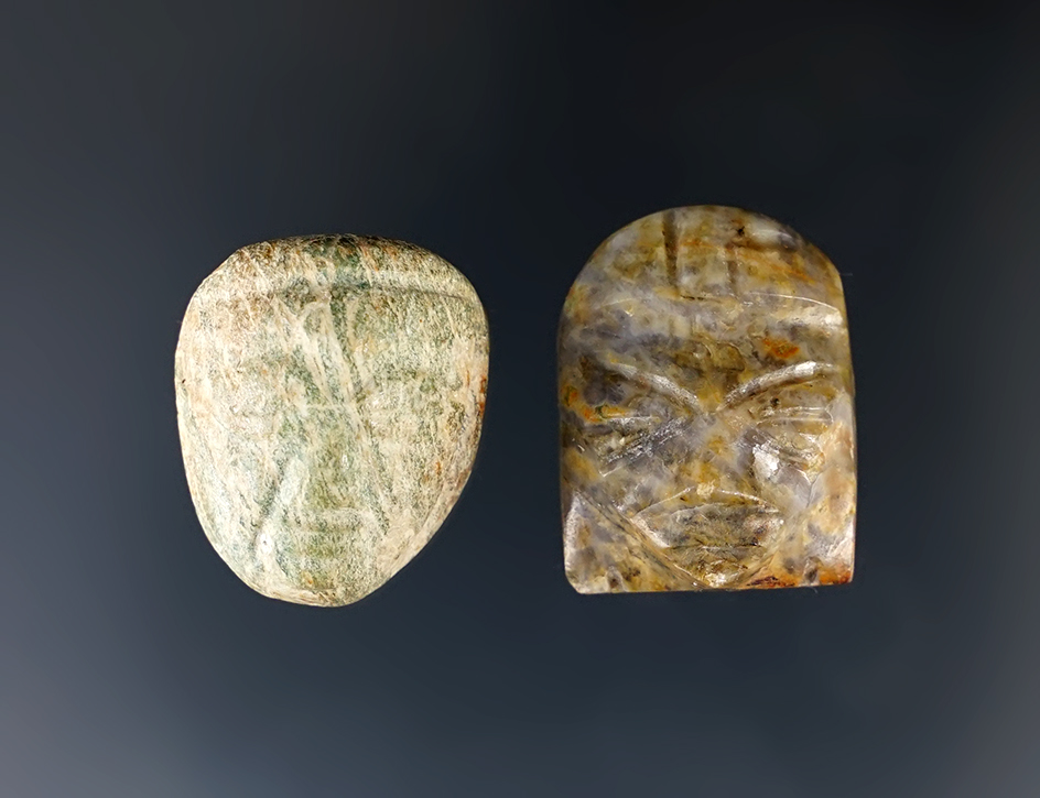 Intricate carving on this pair of well-crafted pre-Columbian stone human effigy head figures - Mexic