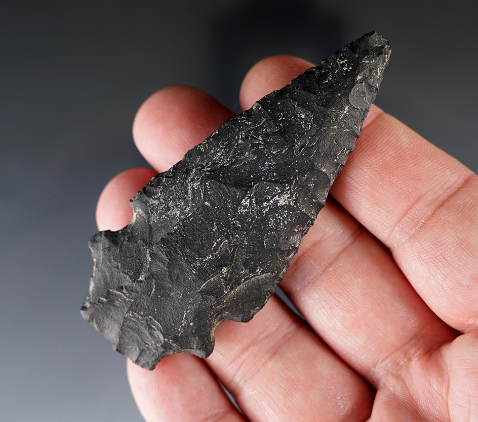 Rare style! 3 3/16" Double-Notched Basalt Knife found in Twin Falls, Idaho.