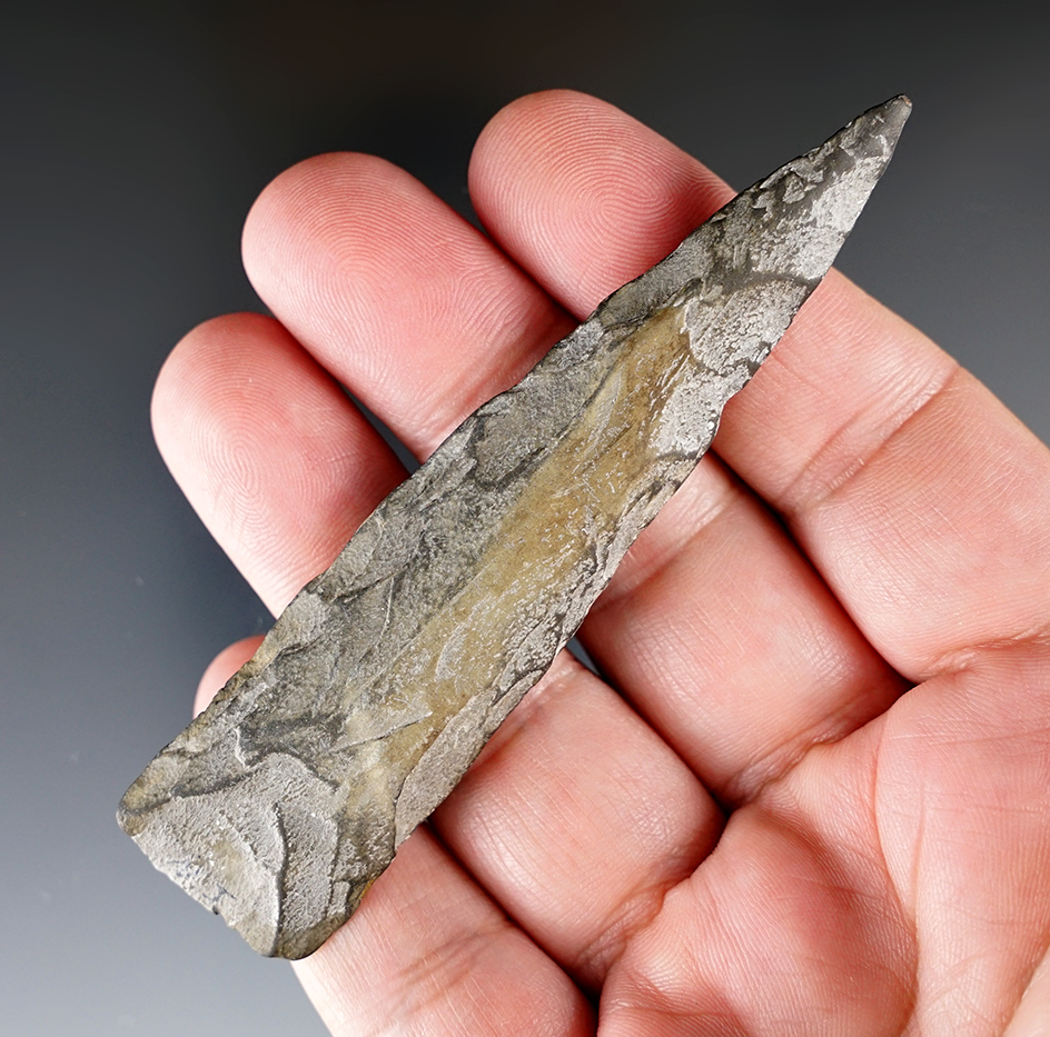 3 7/8" chipped slate spear in excellent condition found in New Jersey. Ex. Baier collection.