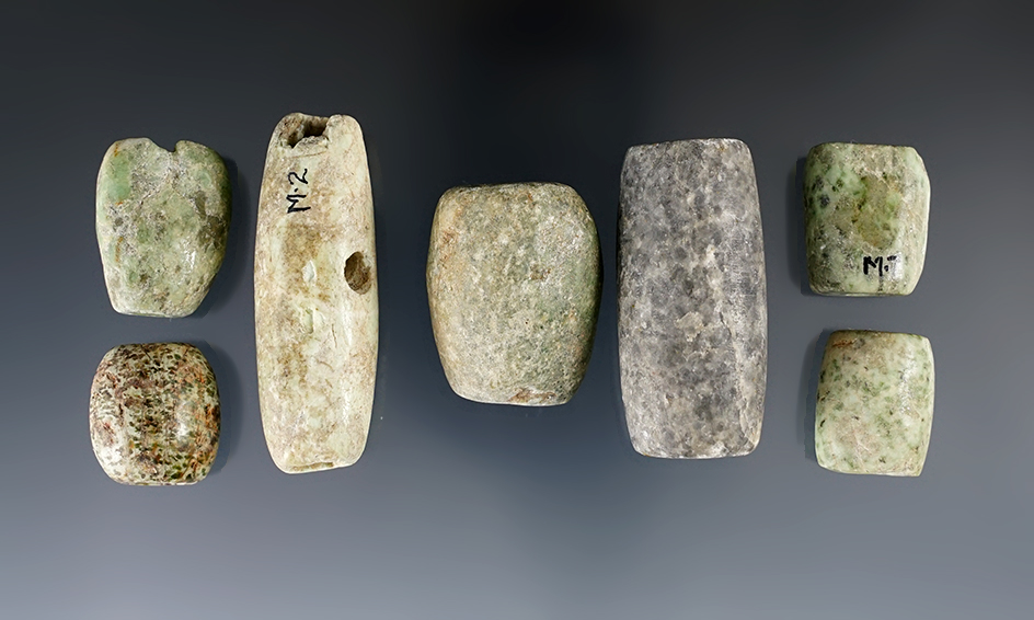 Nice set of seven well-made Pre-Columbian stone beads found in Mexico, largest is 2 116".