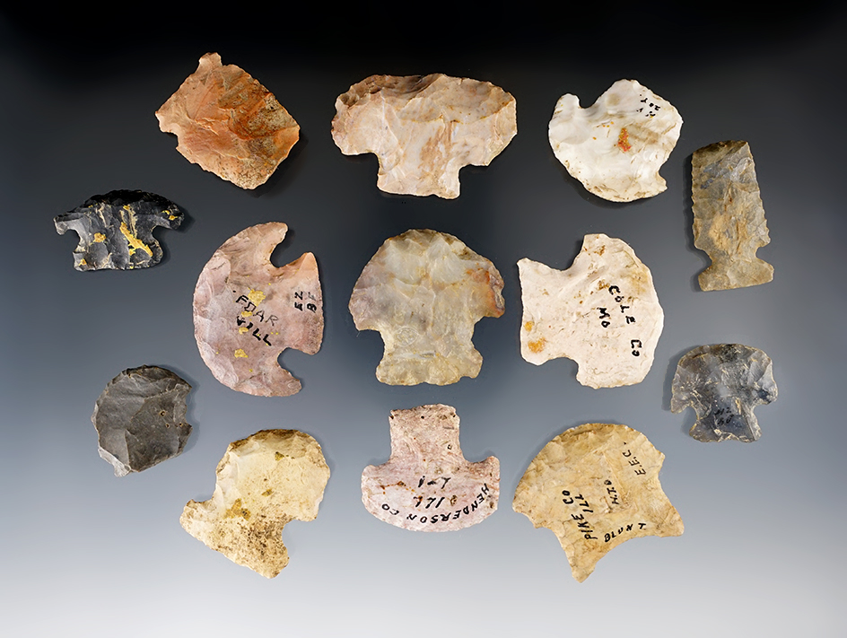 Set of 13 nice hafted scrapers found in Illinois and Missouri.