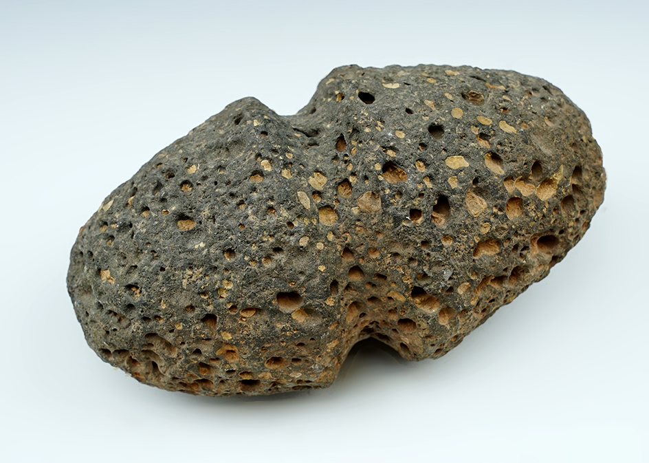 Excellent style 5 3/4" full grooved bi-pointed lava stone weight or clubhead found in New Mexico.