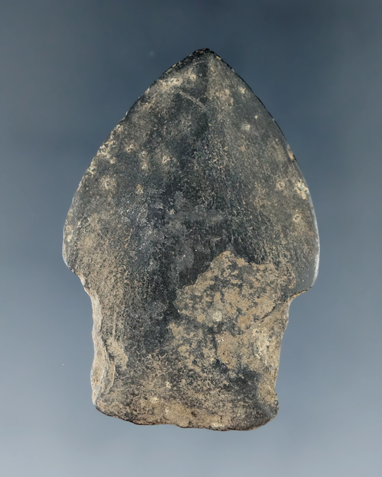 Excellent craftsmanship on this nicely patinated 1 15/16" slate projectile point found in Alaska.