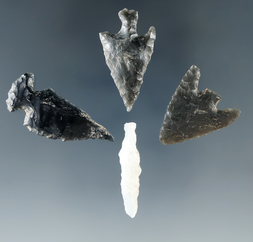 set of four assorted arrowheads found in Modoc Co., California, largest is 1 1/4". Ex. Comstock.