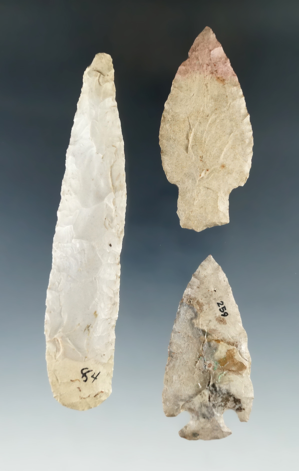 Set of three flaked artifacts found by Bob Edler in southern Indiana. Largest is 4 9/16".