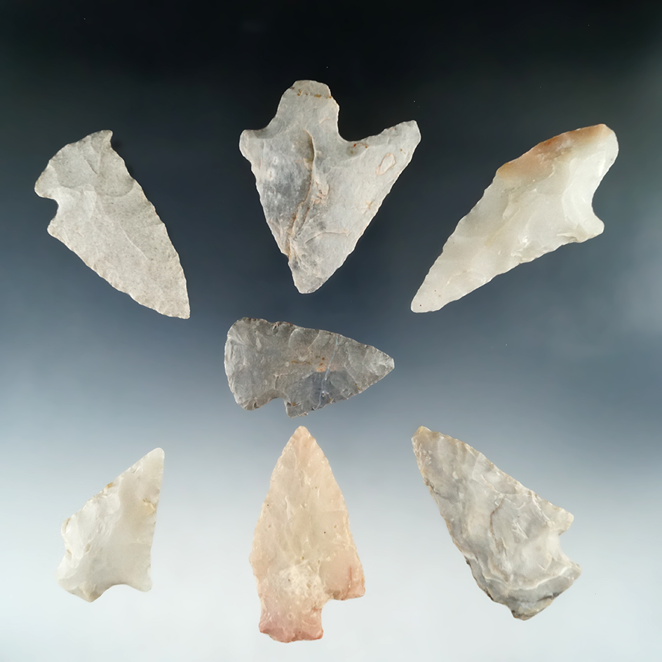 Set of seven assorted flaked artifacts found in Arkansas, largest is 3 1/4".