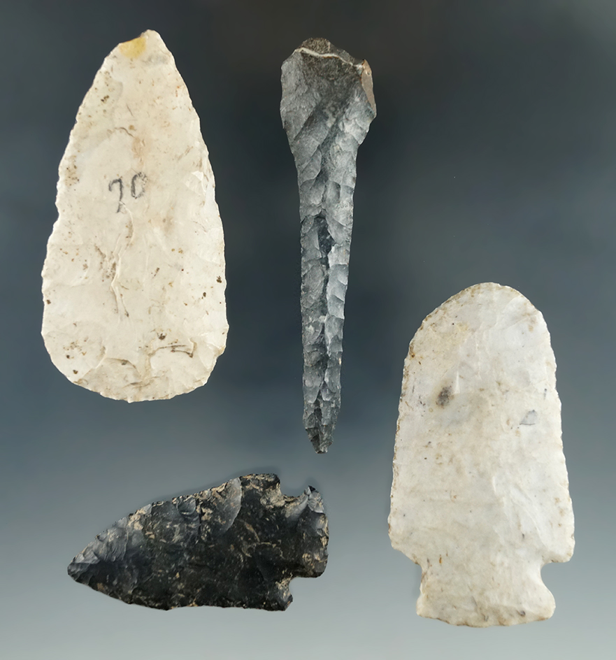 Set of four assorted Flint artifacts found in Ohio including a 3 1/4" expanded base drill.