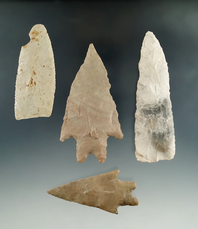 Set of four Texas flaked artifacts, largest is 4 1/16".