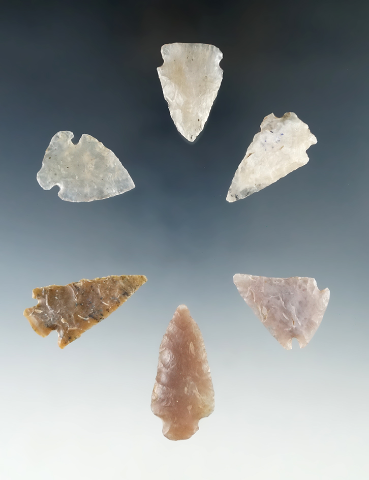 Set of six arrowheads made from attractive material found in the High Plains region, largest is 1 1/