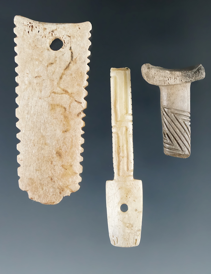 Set of three pieces of engraved bone artifacts found by Bob Edler at the Crib Mound, Spencer Co., IN