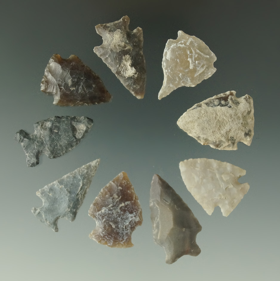 Set of nine assorted arrowheads found the Dakotas, largest is 1 5/16".