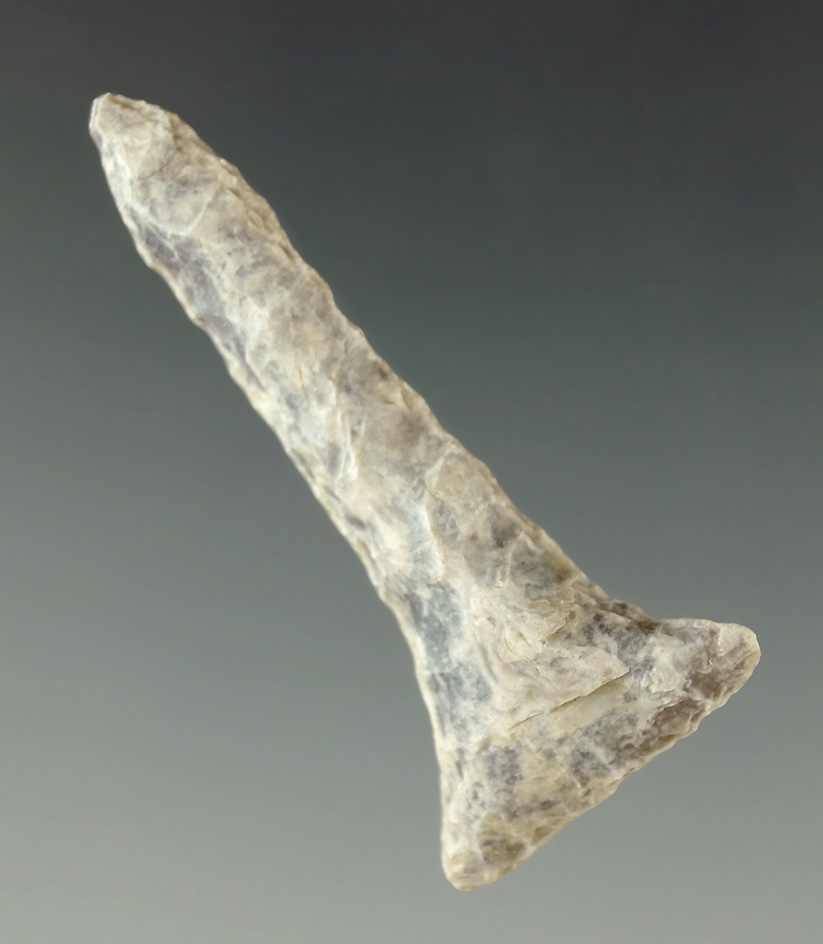 Heavily patinated 1 11/16" Knife River Flint Drill found in the Dakotas.